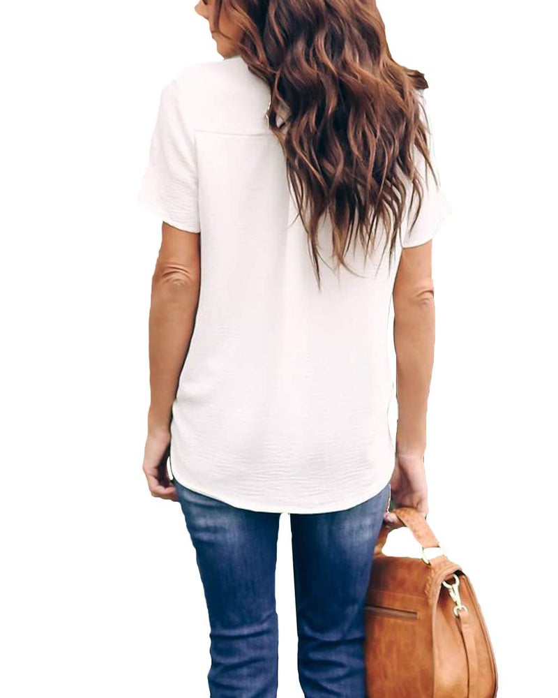 Allimy Women Summer Short Sleeve Tunic Chiffon Dressy Casual Blouses and Tops 2026 Small White - Image 4